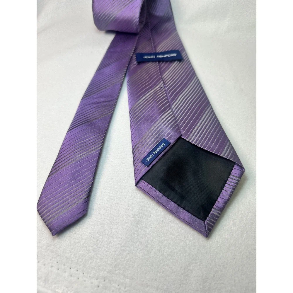 John Ashford Mens Purple Grey Striped Silk Tie Stain Resistant‎ Handmade Necktie